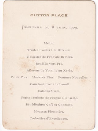Item #10628 Sutton Place Déjeuner du 8 Juin 1909. Lord, Lady Northcliffe